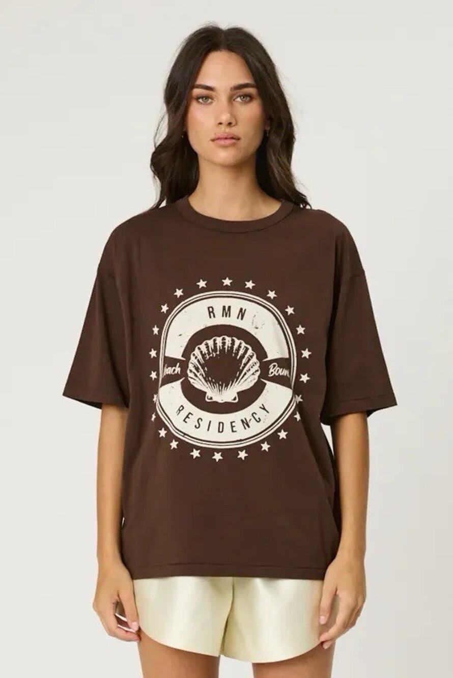 NWT RMN Studios Seashell Beach Bound Cotton T Shirt Brown Size 8 Short Sleeve